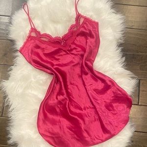 Vintage 90s Silky Satin Hot Pink Lace Chemise Short Nightie Babydoll Slip Dress